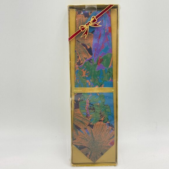 Vintage Tie Thai Silk Tropical Design NWT Deadstock Abstract Floral Leaves Blue - Picture 1 of 8